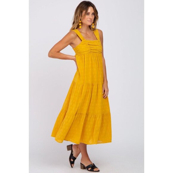 Entro Yellow ruched Tiered Midi Sun Dress flowy and fully lined Size Large - Picture 2 of 7